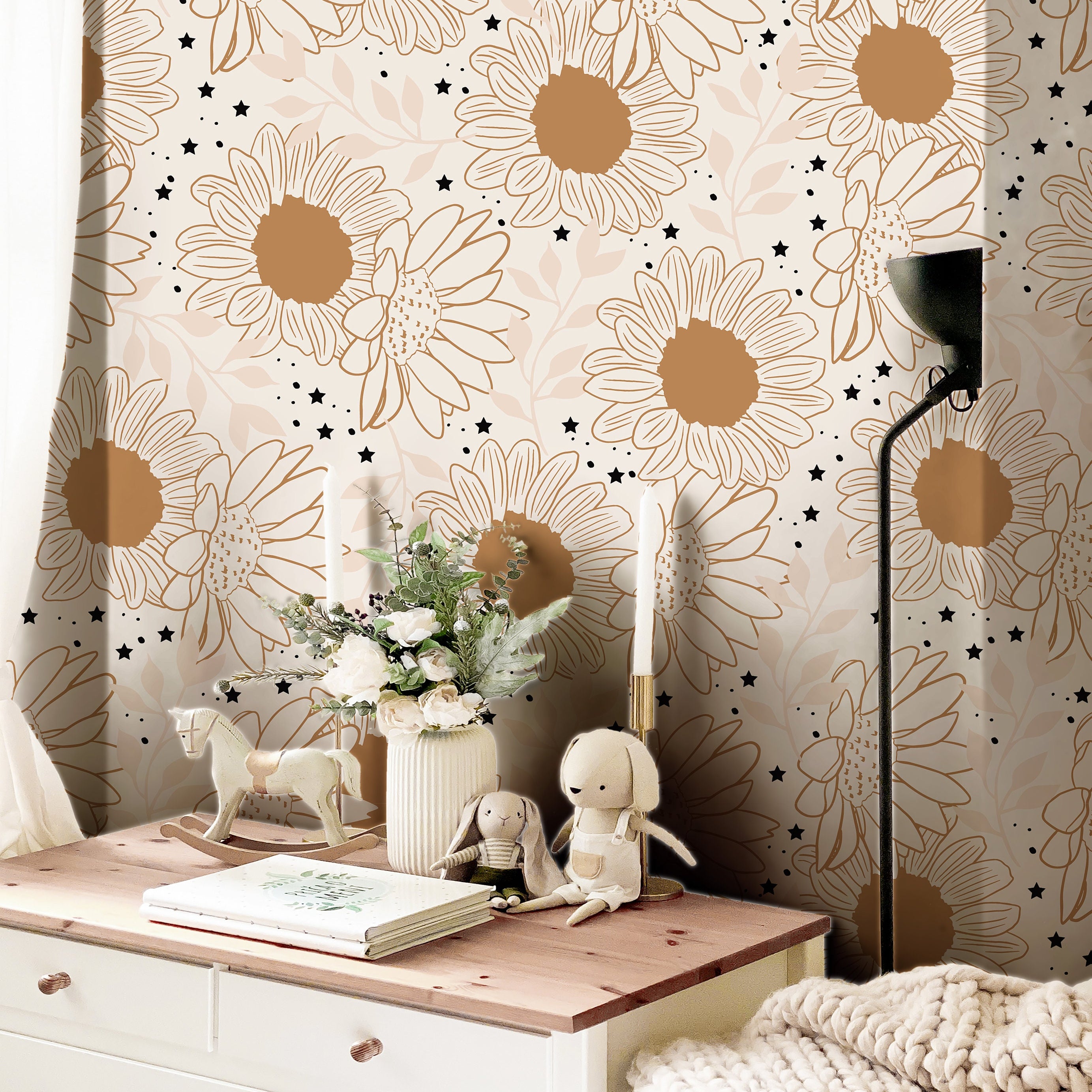 Sunflower Stardust | Golden Floral Removable Wallpaper for Office, Bedroom, Doors, Walls, DIY Home Decor 385 - James And Colors