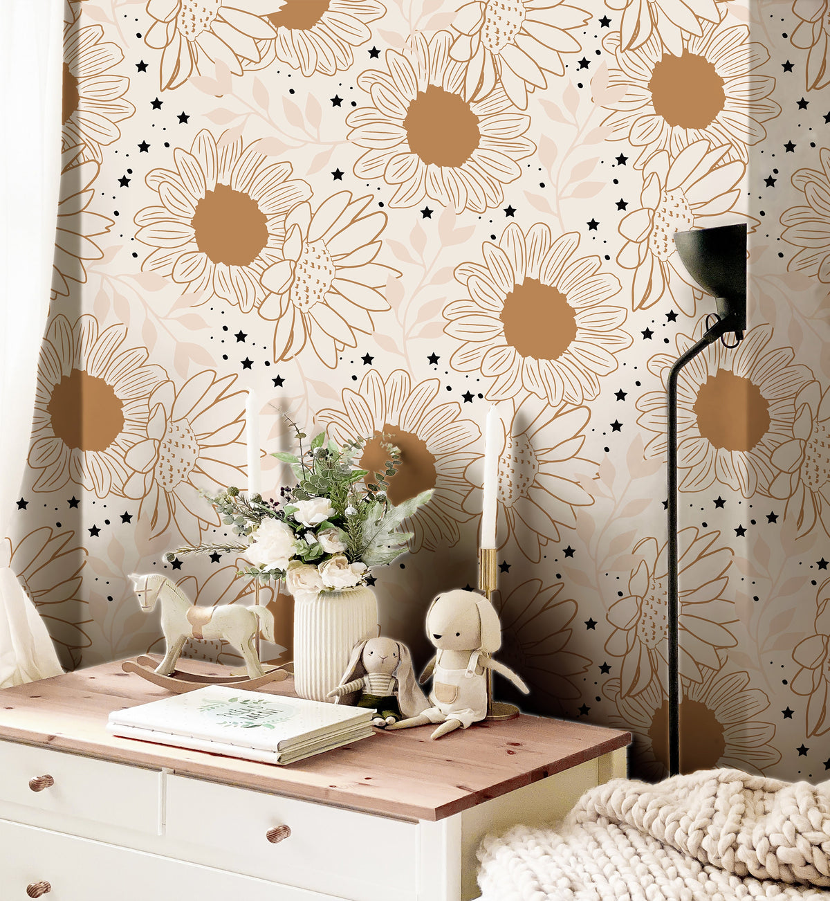 Sunflower Stardust | Golden Floral Removable Wallpaper for Office, Bedroom, Doors, Walls, DIY Home Decor 385 - James And Colors