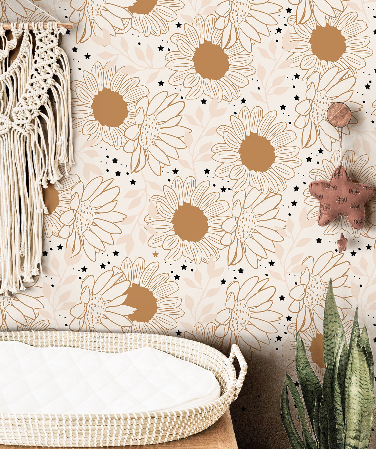 Wallpaper 385: Hand-drawn sunflower wallpaper with celestial star details in warm golden tones, creating a cozy and stylish boho-chic atmosphere.