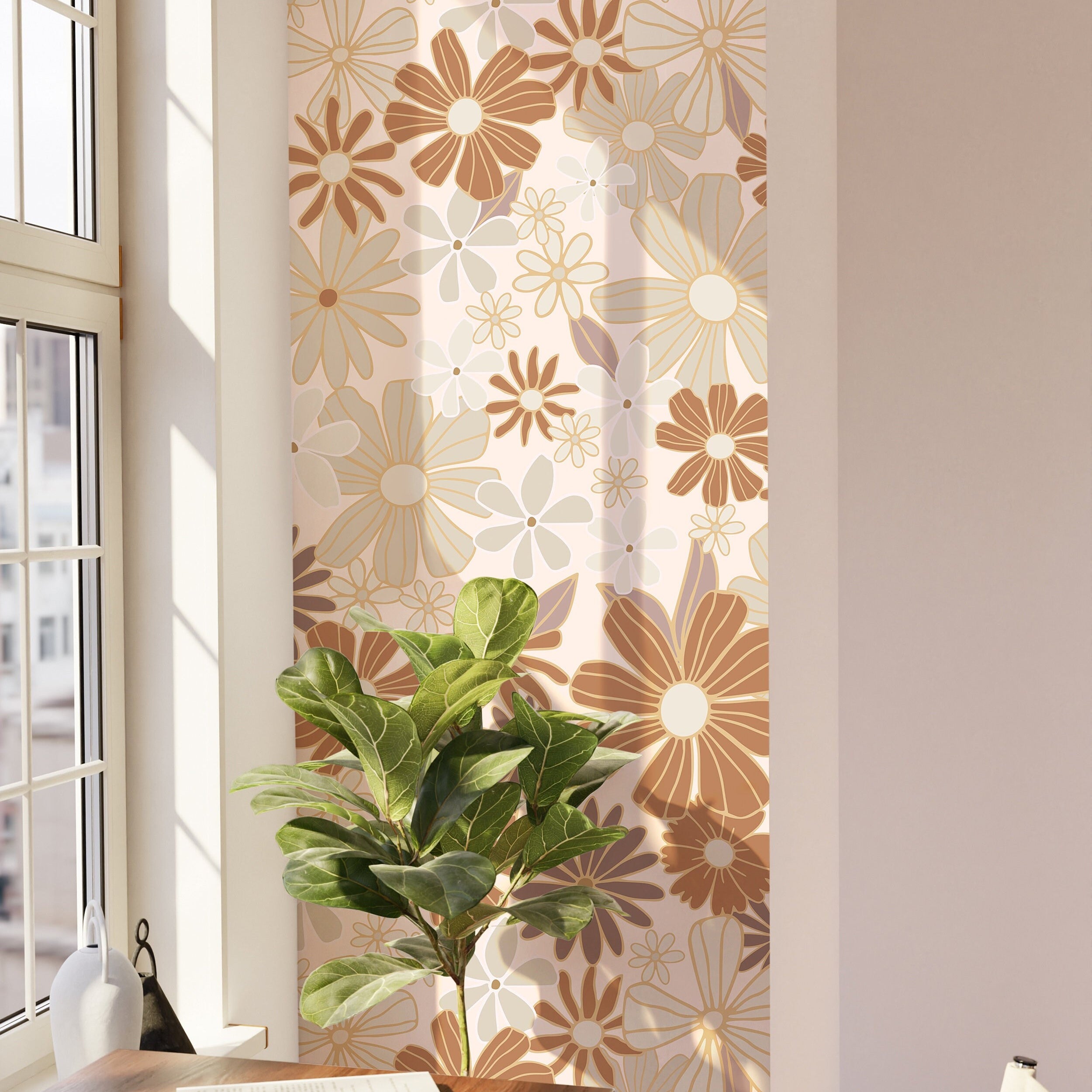 Retro Orange Pink Golden Floral Wallpaper Peel and Stick Wallpaper Removable Wallpaper Wall Decor Home Decor Wall Art Room Decor 897A