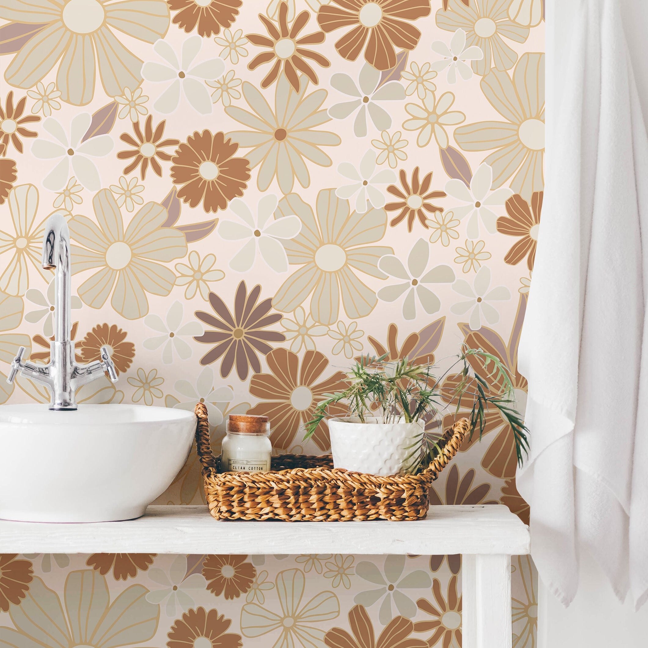 Retro Orange Pink Golden Floral Wallpaper Peel and Stick Wallpaper Removable Wallpaper Wall Decor Home Decor Wall Art Room Decor 897A