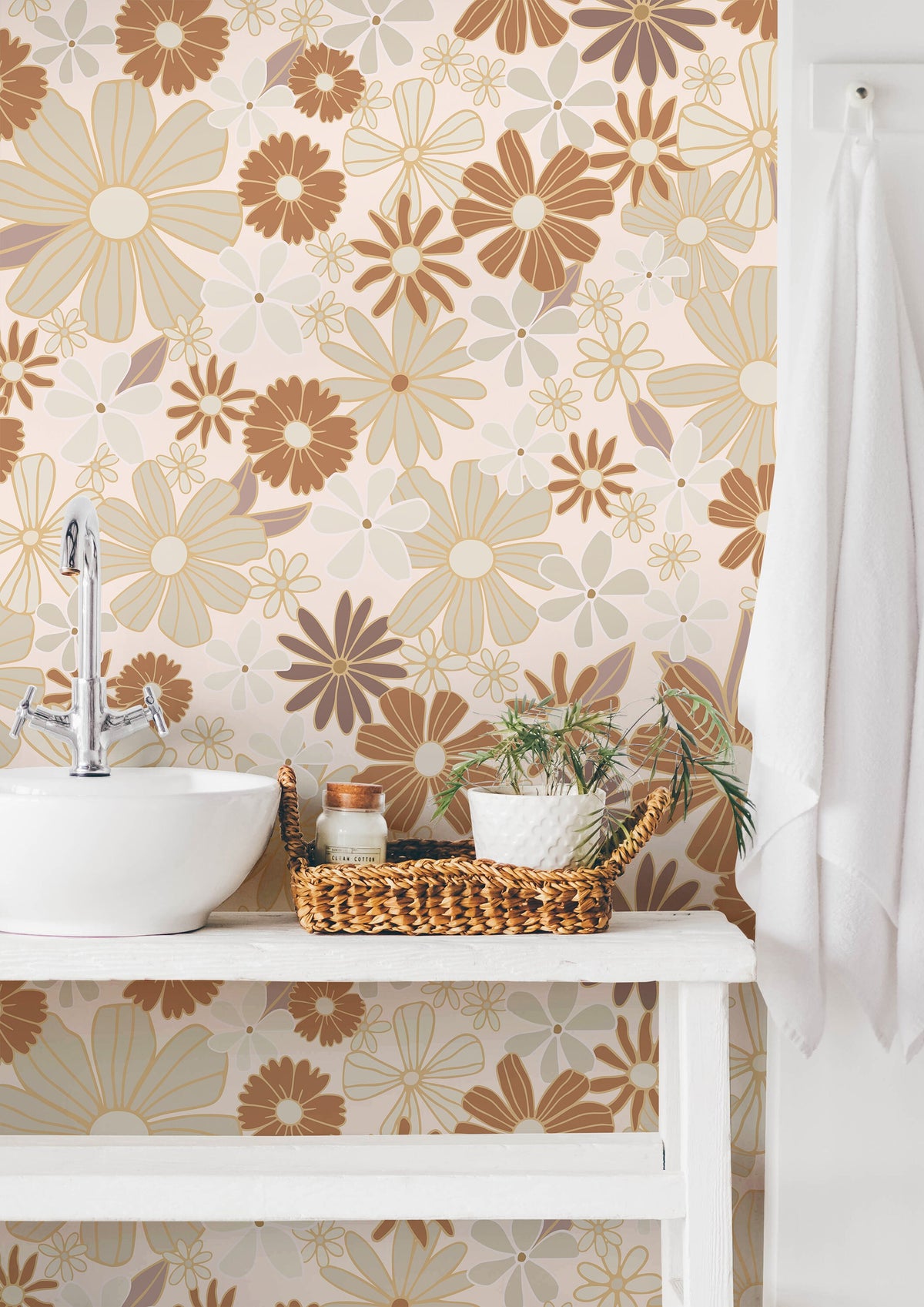 Retro Orange Pink Golden Floral Wallpaper Peel and Stick Wallpaper Removable Wallpaper Wall Decor Home Decor Wall Art Room Decor 897A